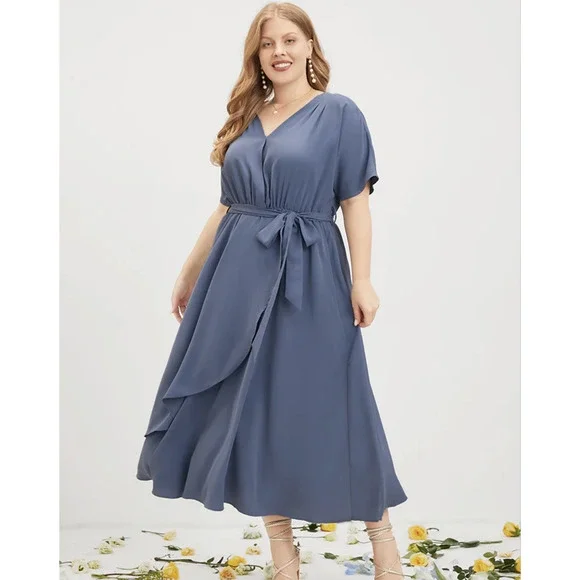 Bloomchic Plain Dolman Sleeve Pocket Stone Blue Flutter Midi Dress 1X NWT - Picture 6 of 7